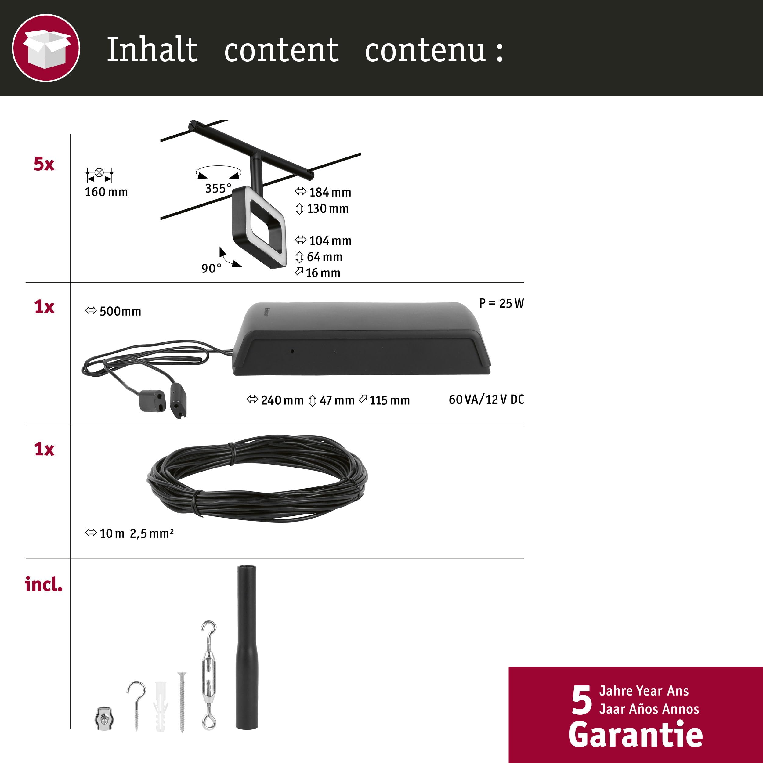 Paulmann 94485 - Kit base a LED, 5 x 400 lm, 5 x 4,8 W, bianco caldo, nero opaco, plastica cromata, metallo 3000 K