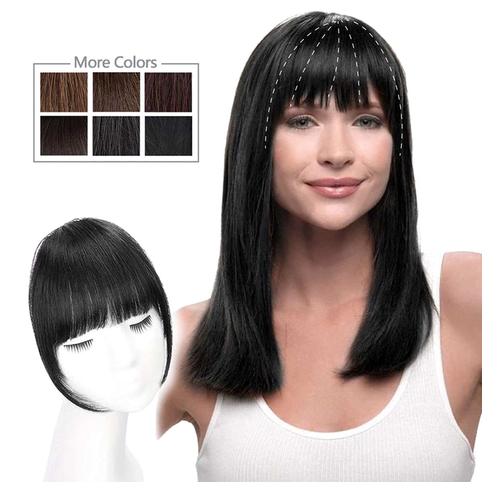 HMD Bangs Hair Clip in Bangs Real Human Hair Bangs for Women Clip on French Bangs Real Hair Nice Natural Flat Neat Bangs with Temples Faker Bangs for Daily Wear (French Bangs，Natural Black))