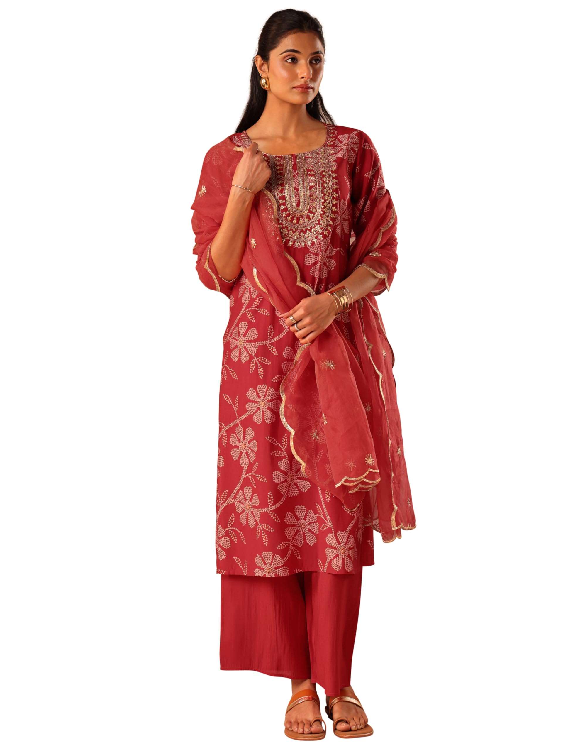 Printed Silk Blend Straight Kurta With Trousers and Dupatta-image-30
