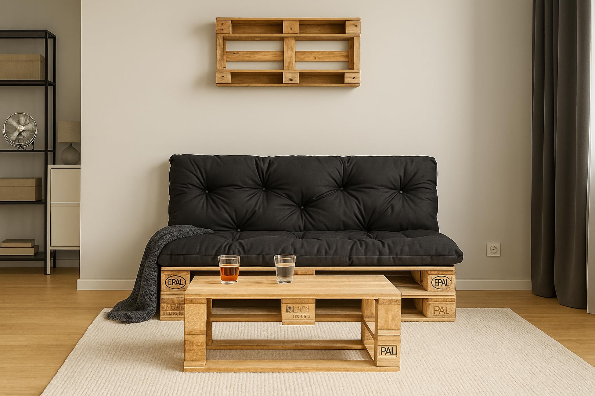 Cuscini pallet, Cuscini per pallet esterni/Cuscino Euro Pallet, Cuscino Divano, Cuscino Soggiorno da Giardino (Set:120x50+120x40cm, Nero)