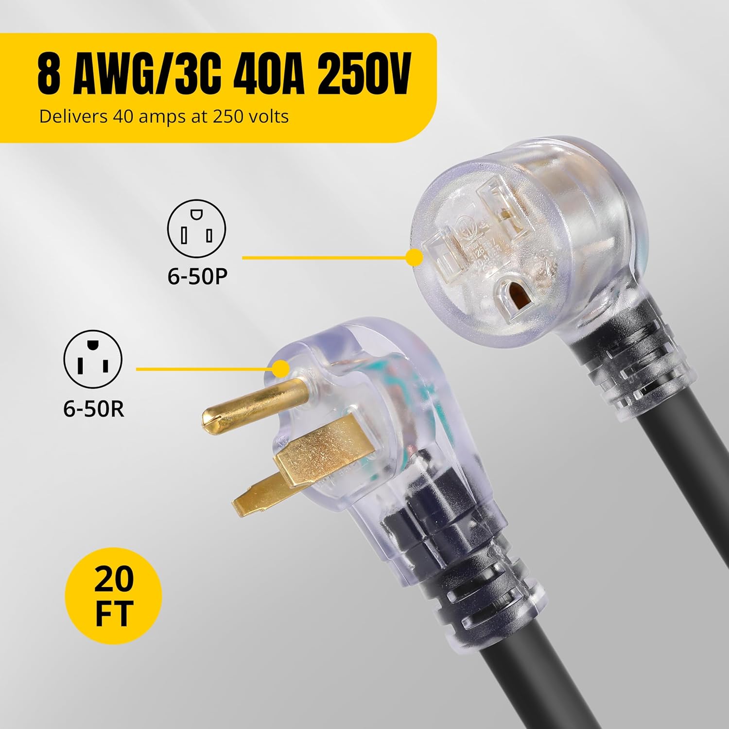 MaxWorks 80702 Heavy Duty 20 Foot 8 AWG/3C 6-50 Nema R Plug Lighted Welding Cord with ETL Approved