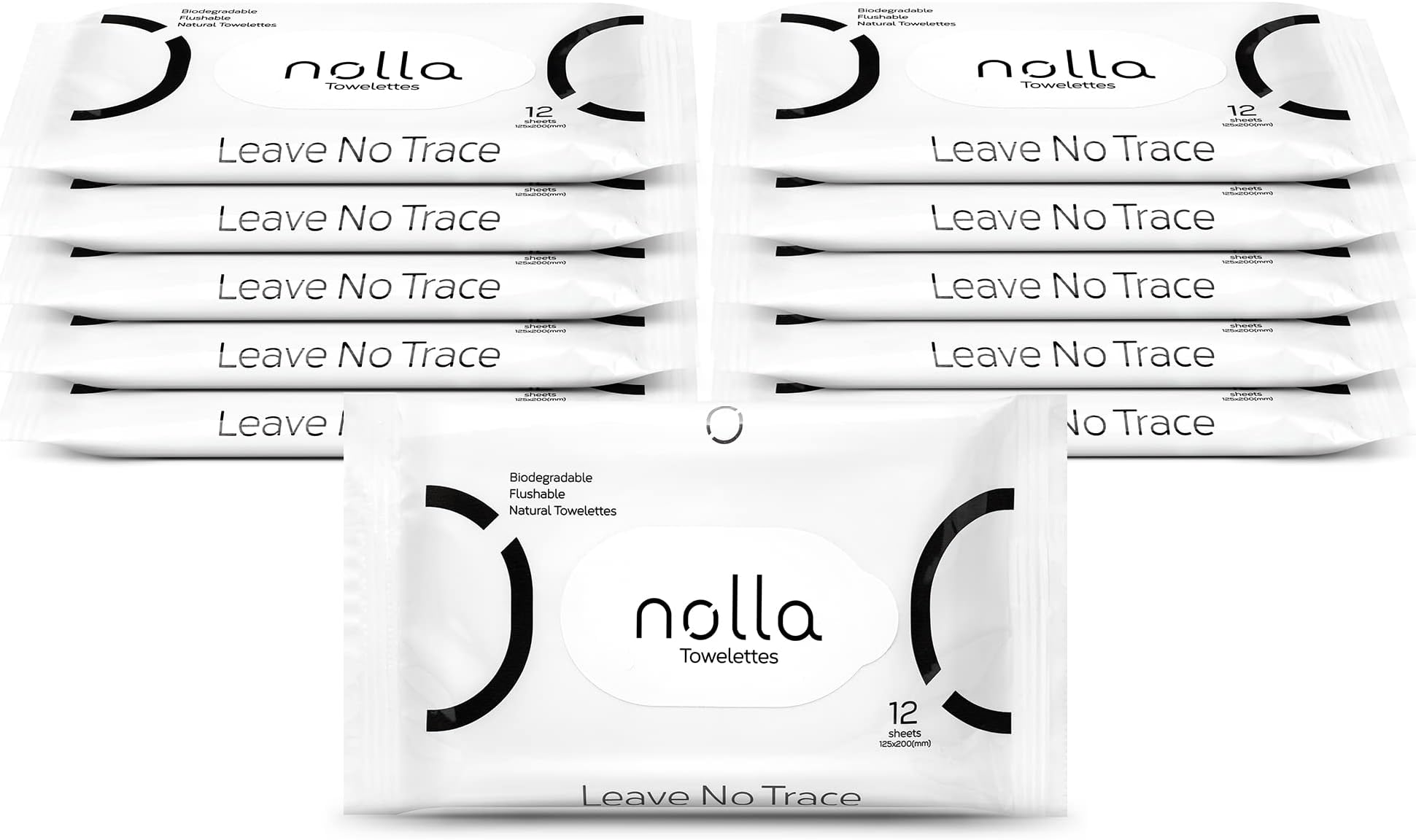 Nolla Flushable Wipes Travel Packs, 100% Plant-Based, Plastic-Free and Biodegradable - Unscented + Soothing Aloe and Vitamin E 120 Count (10 Packs of 12)