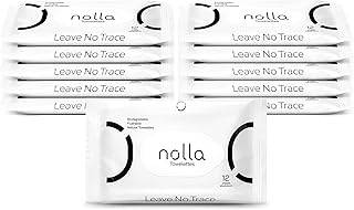 Nolla Flushable Wipes Travel Packs, 100% Plant-Based, Plastic-Free and Biodegradable - Unscented + Soothing Aloe and Vitamin E 120 Count (10 Packs of 12)