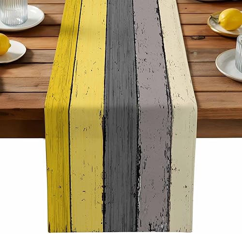 Miniatura 47 de Camino de mesa de algodón y lino estilo granja rústico retro, textura de madera de granero, color degradado marrón y gris, antideslizante,