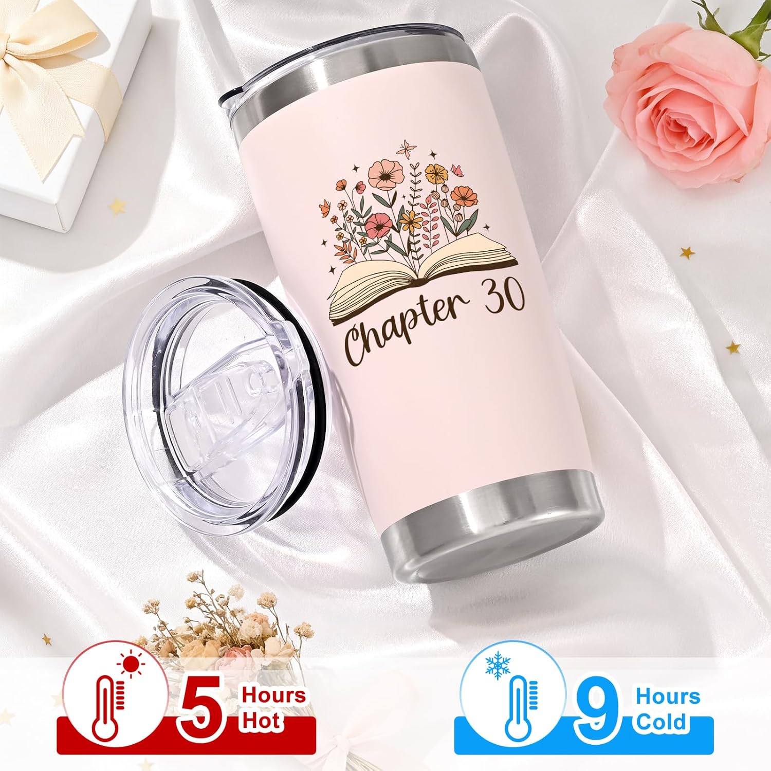 Qtencas 30th Birthday Gifts for Women, Chapter 30 20oz Insulated Tumbler with Lid & Straw, Makeup Bag, Notebook and Ballpoint Pen, 30 Year Old Birthday Gifts for Sister Friends Wife Aunt Daughter - Image 6