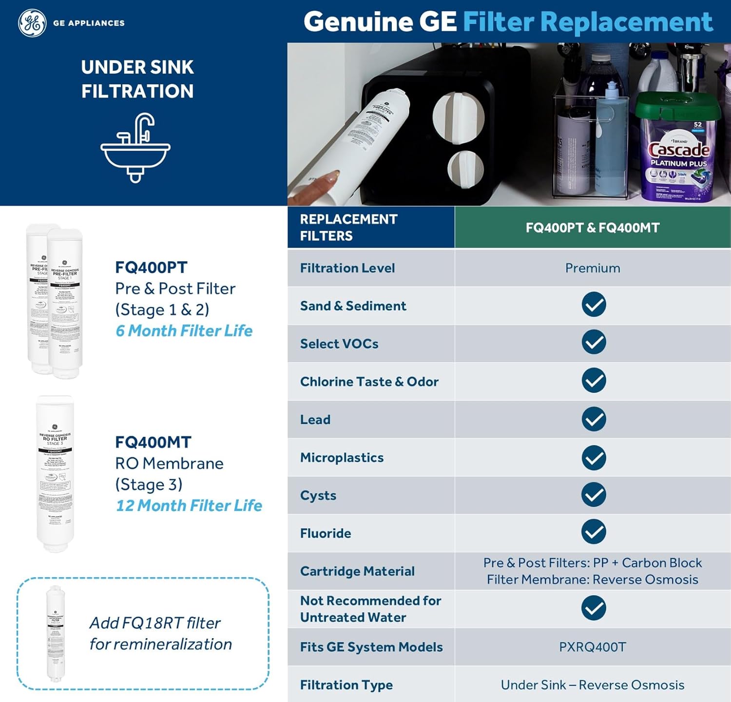 GE Profile Reverse Osmosis Under Sink Membrane Replacement Filter, Fits PXRQ400T Filtration System, Reduces Lead, Chlorine & More, Replace Every 12 Months, FQ400MT
