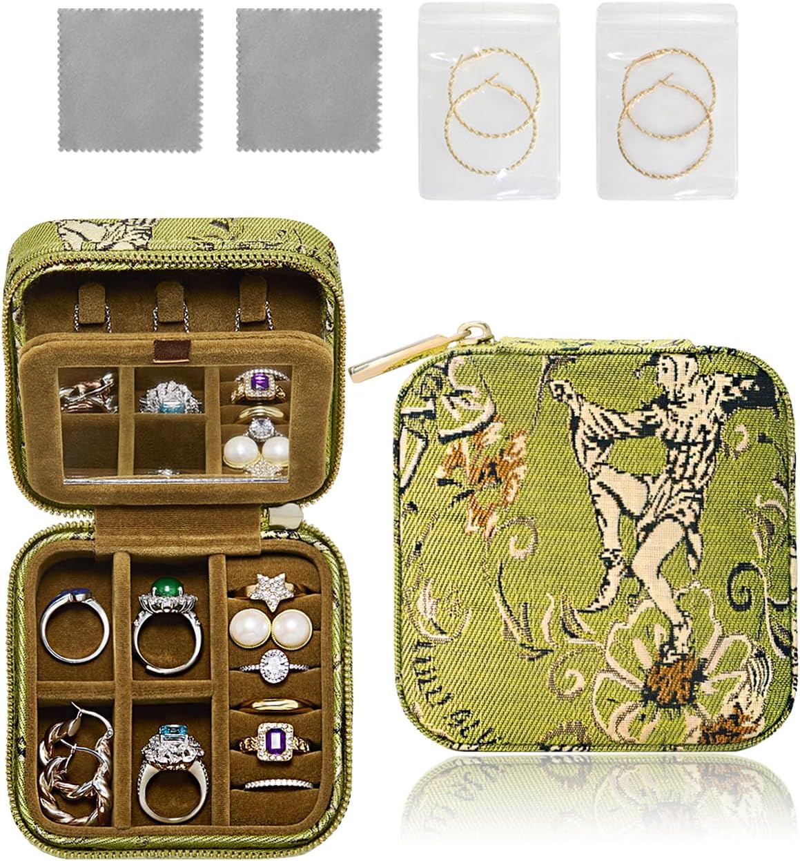 Small Travel Jewelry Box for Women - Mini Personalized Jewellery Organizer with Mirror|Cute Portable Jewelry Case Necklace Earring Ring Compact Storage Holder Birthday Gifts for Mom Bridesmaid (Green)
