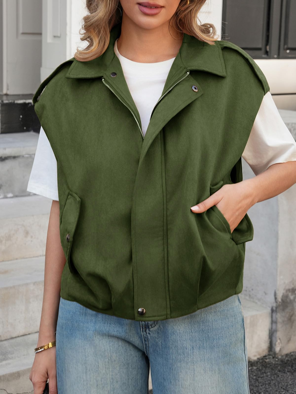 Cicy Bell Giacca da donna senza maniche Loose Fit Crop Coat con cerniera e tasche laterali decorative