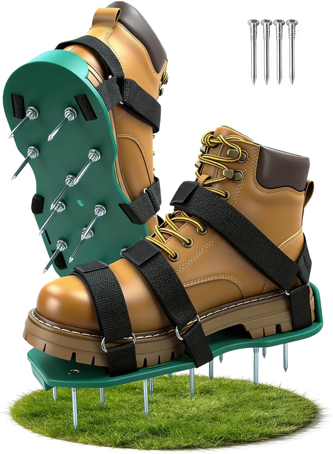 Lawn Aerator Shoes with Dual Straps On Instep Heavy Duty Spiked Aerating Sandals Shoes for Effective Aerating Universal Size Pre-Assembled Lawn Scarifier for Lawns Yar Garden Grass, 4 Spare Spikes