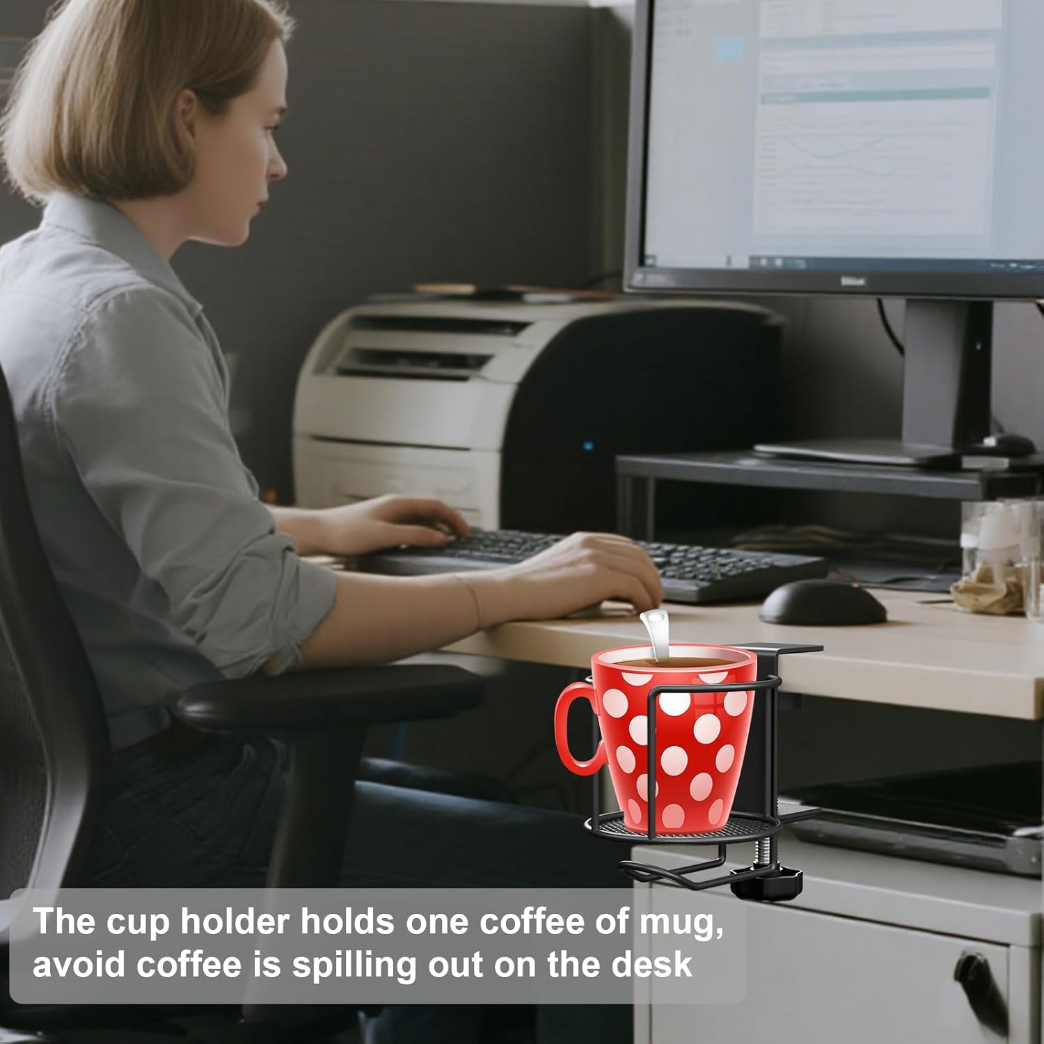 2-in-1 Desk Cup Holder,Anti-Spill Table Water Bottle Holder,Clamp On Table Stainless Steel Drinking Holder,Compatible with Universal Cups/Bottles/Mugs/Cans/Tumblers/Thermoses/Glass,1 Pack - Image 4