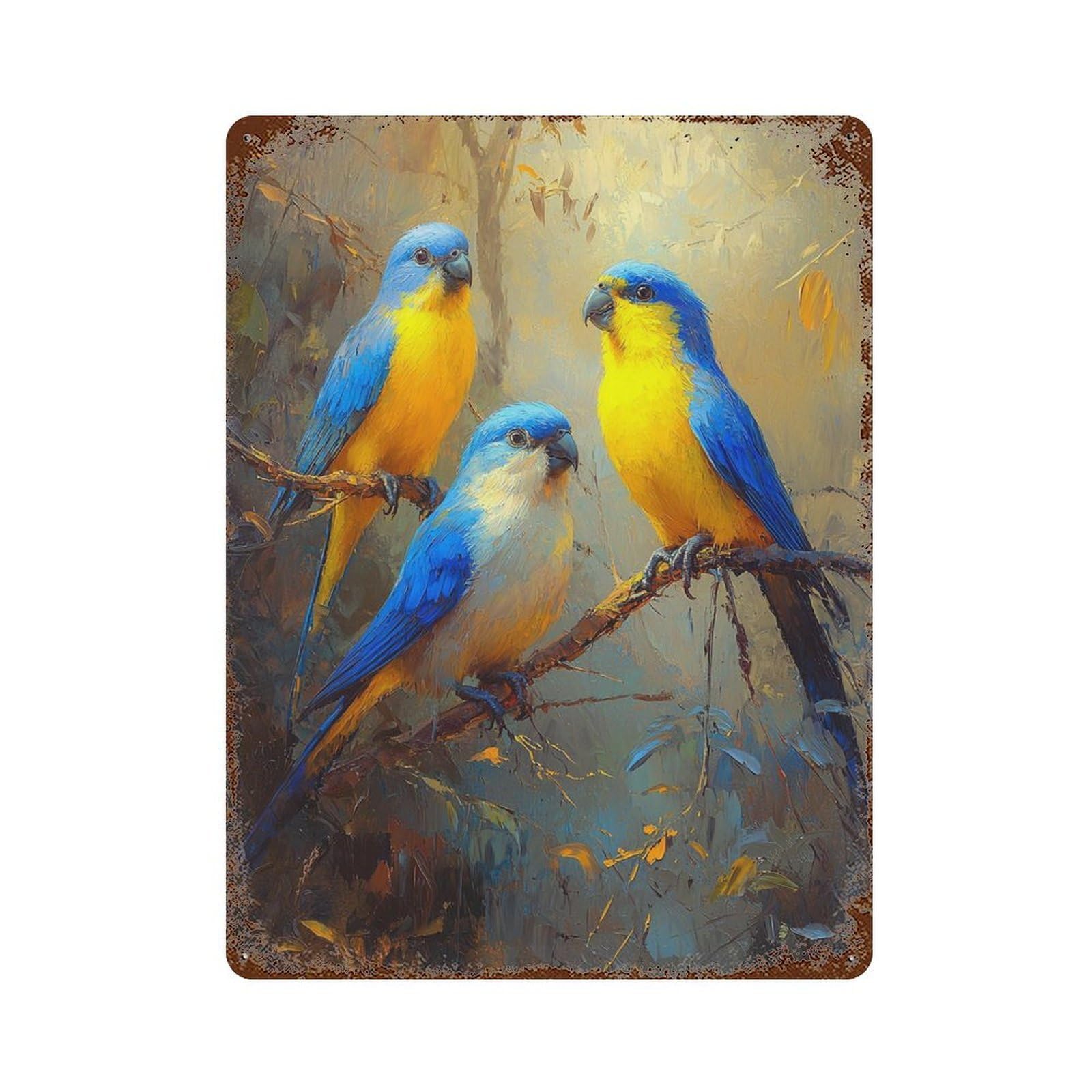 Amazon Blue-and-yellow Macaws in Nature 15.7"x11.8" Aged Metal Wall Plaque, Vintage Wall Decor for Bistro, Counter And Cafe Decor
