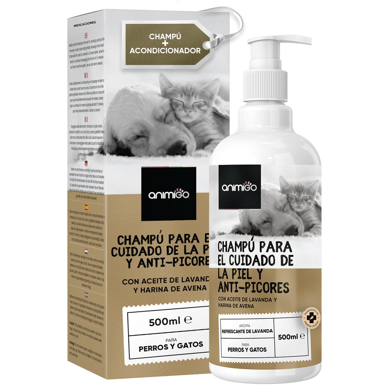 Champú Perros y Gatos Antipicores con Aceite de Coco y Aloe Vera, 500 ml - Gel Hidratante de Baño con Lavanda, Manzanilla, Avena | Higiene Perros Quita Olores y Aliviar Picor Perros de Piel Sensible