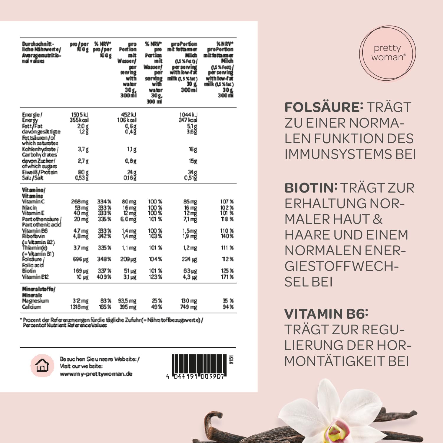 pretty woman® Daily Glow Eiweiss Protein Pulver für Frauen „Creamy Vanilla“ 420 g - Low Carb Shake mit Vitaminen & Mineralien, Biotin & Folsäure - nur 0,5g Zucker pro Portion