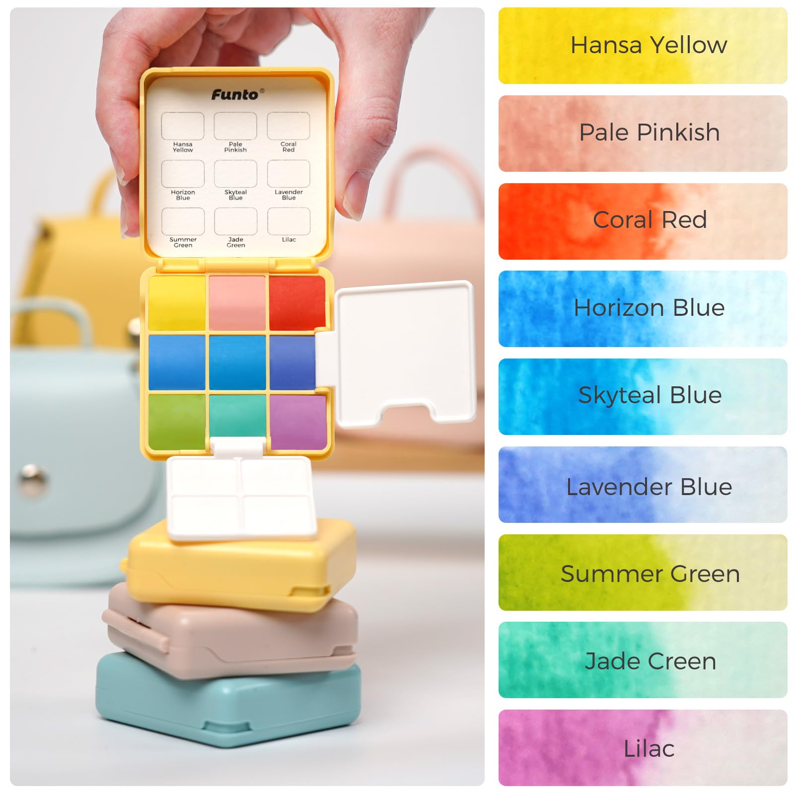 Funto-Taschen-Wasserfarben-Set, Reise-Mal-Kit mit 9 Farben, Leder-Schultertasche, Farbwasserbecher,2 faltbare Paletten und Mini-Wasserfarbenseiten