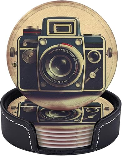 Miniatura 1 de 6 posavasos redondos de cuero con soporte retro para cámara, para bebidas, taza de café, resistente al calor, para protección de mesa, accesorios de