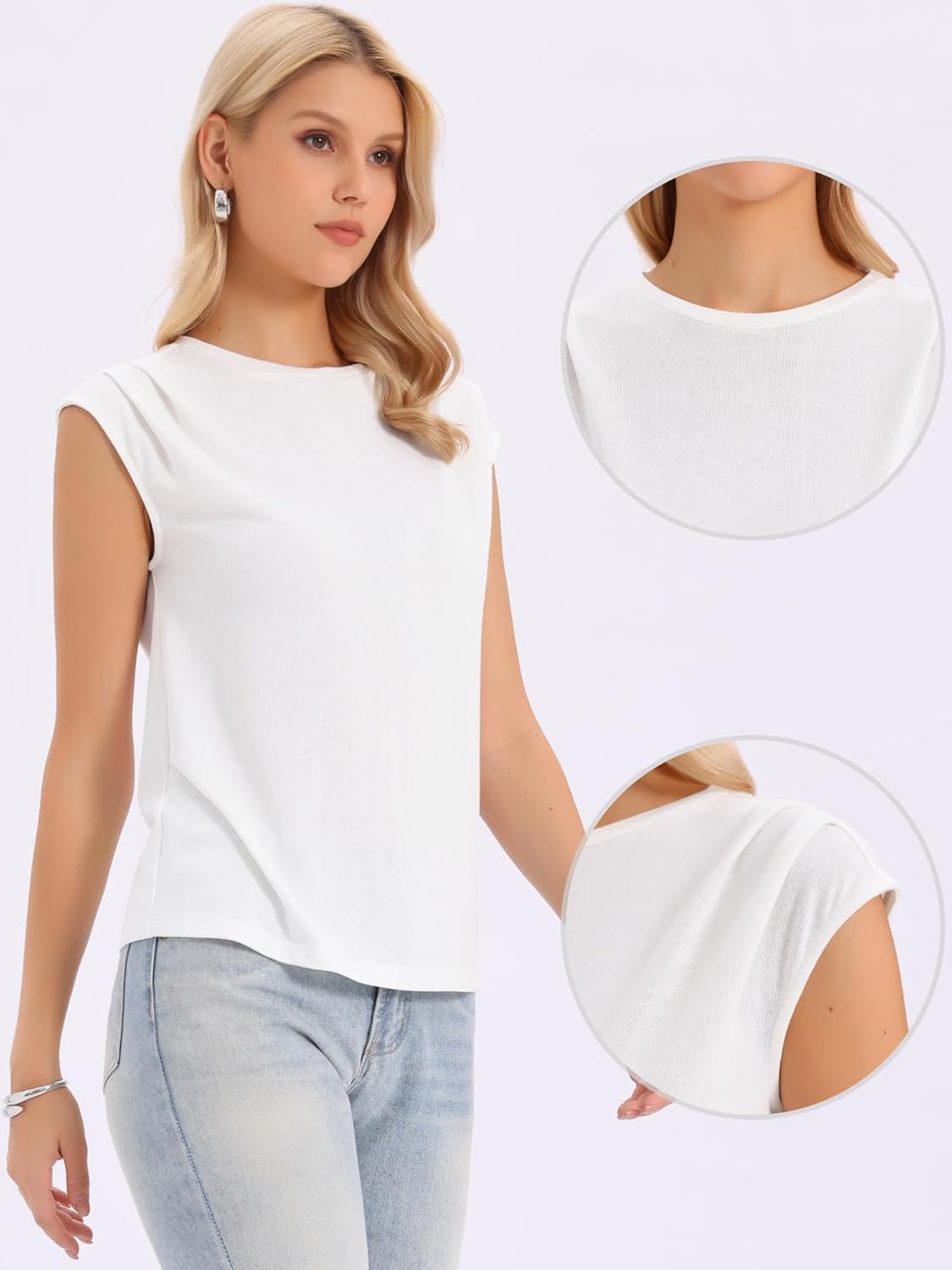 Allegra K Cap Sleeve Top for Women's Summer Casual Crew Neck Pleated Knit Basic Trendy Tee - Image 3