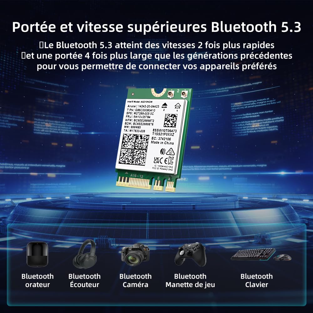 AX210 Carte WiFi 6 PC Portable avec Bluetooth 5.3, AX210NGW Carte WiFi 6E M2 Carte Soutien Windows 10/11 (64bit) M.2/NGFF