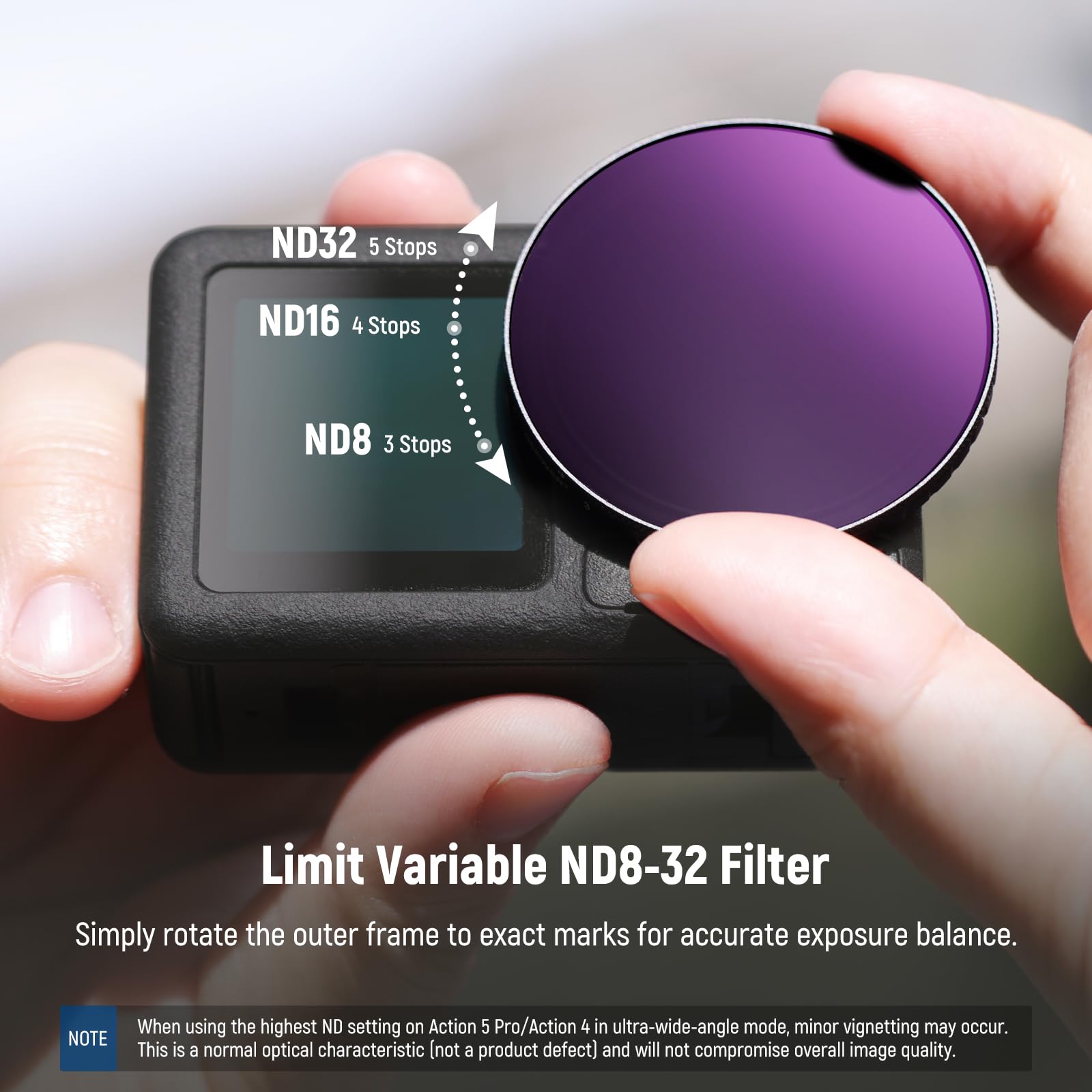 NEEWER Filtre ND Variable Compatible avec DJI Osmo Action 5 Pro & Action 4, ND8-32 (3-5 Stops) Filtre Densité Neutre à Visser Verre Optique HD Multicoated Accessoires pour Caméra d'action