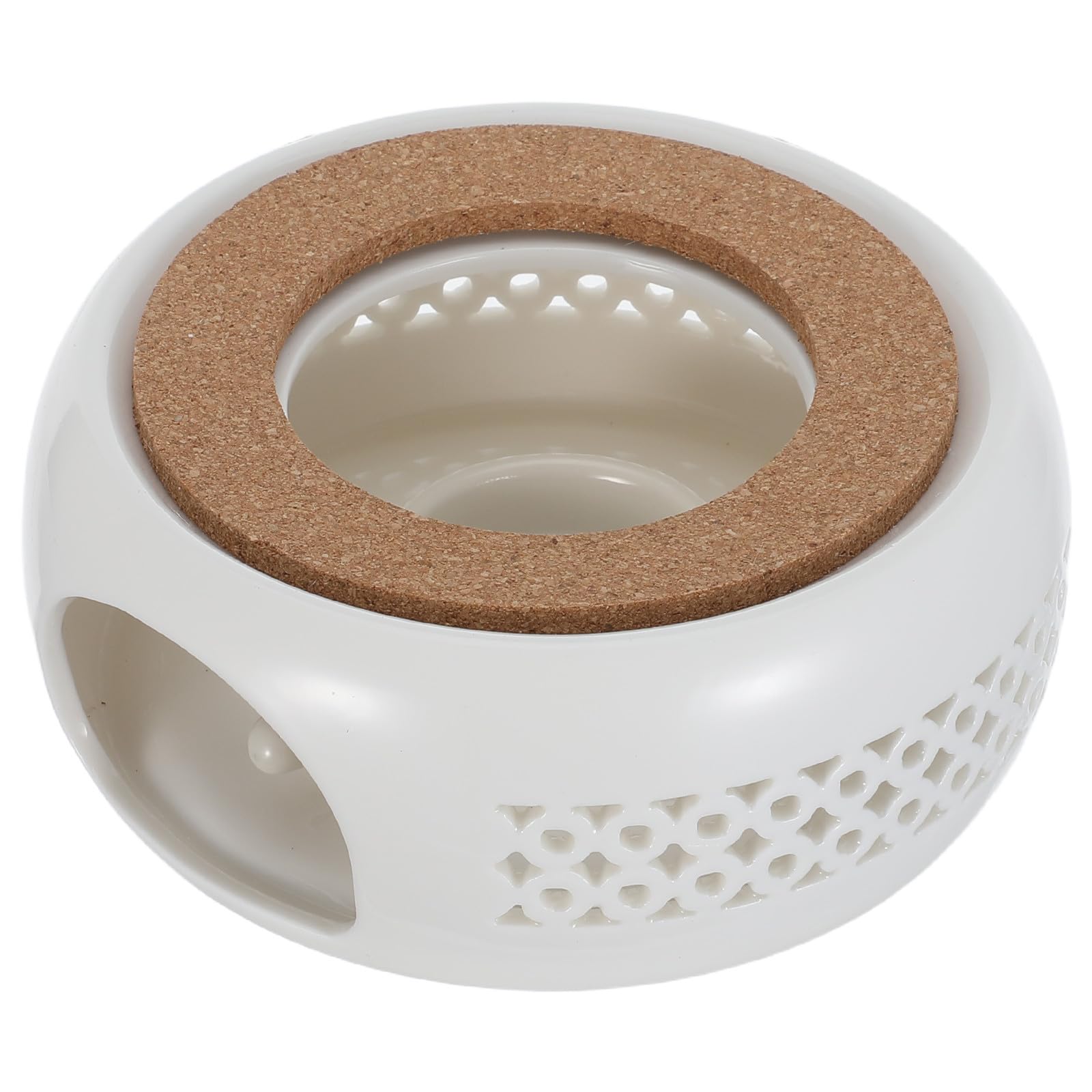 Calentador de té elegante de cerámica blanca y base protectora de madera