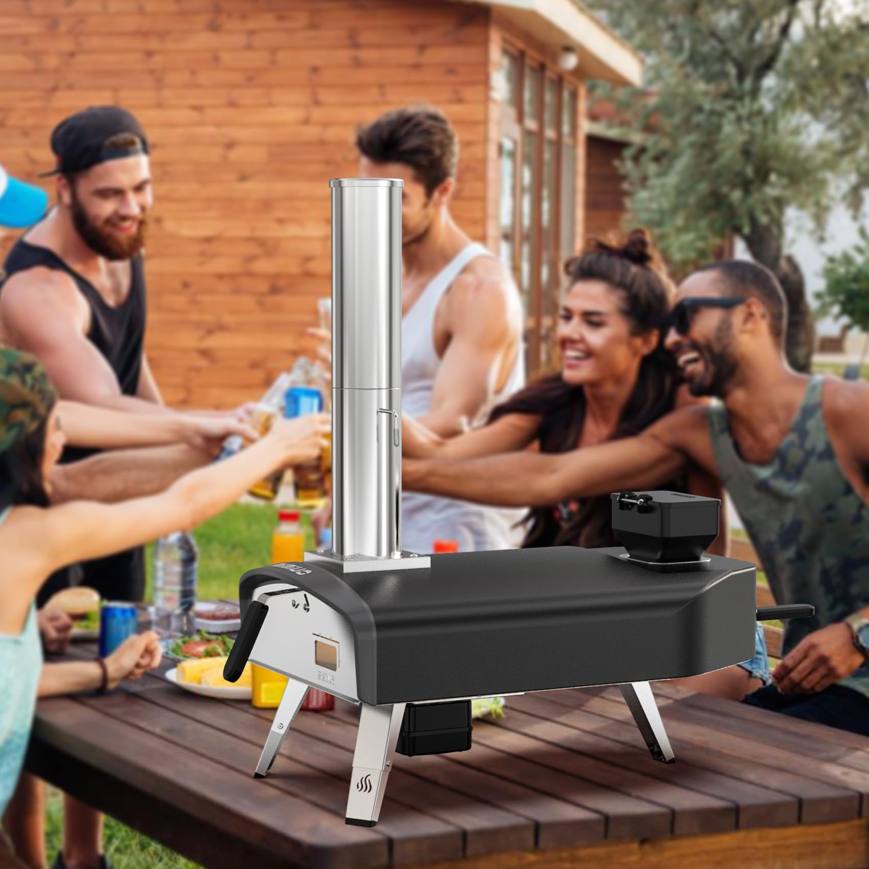 Mimiuo Pellet Pizzaofen mit Drehfunktion 33cm Pizzastein Tragbar Outdoor Schwarz