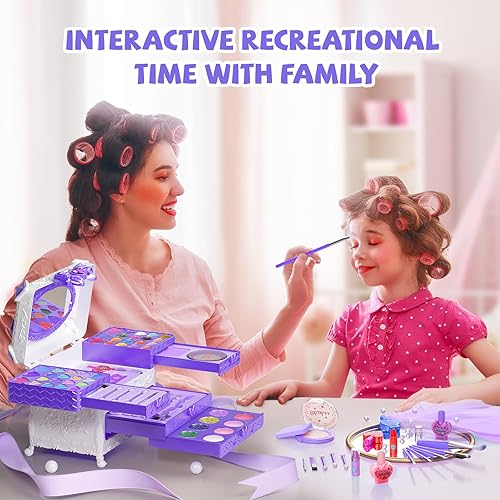 Miniatura 4 de Juego de 66 piezas de maquillaje para niñas, cosméticos reales lavables para niños, juguetes con espejo, juego de maquillaje para niñas de princesa,