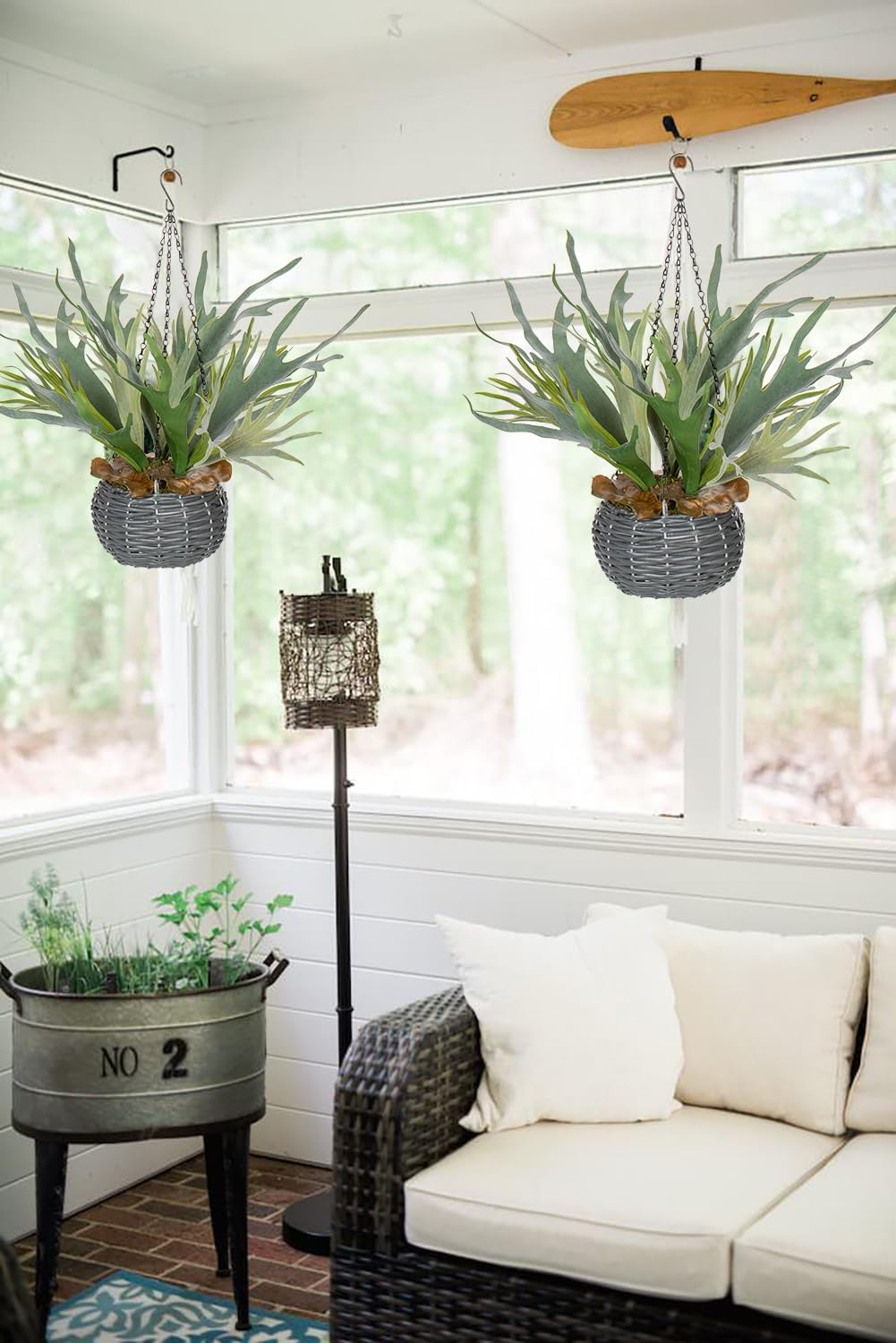 Hollyone Artificial Staghorn Fern Hanging Plants, Fake Boston Fern Hanging Plant in Persian Rattan Pot Faux Fern Plant Potted Hanging Plant for Indoor Outdoor Home Wall Room Garden Decor