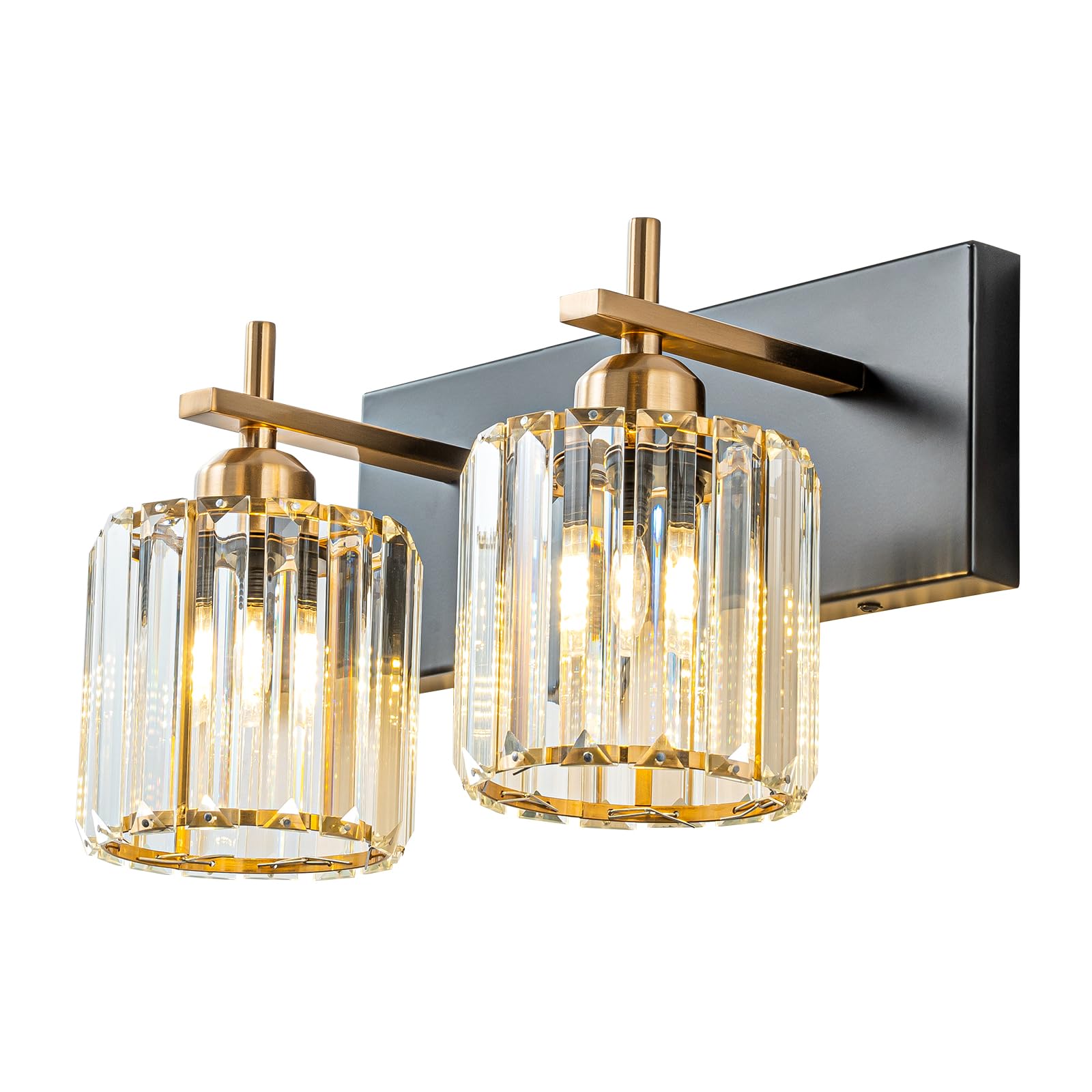 HUOKU 2-Light Crystal Bathroom Vanity Lights, Black Gold Modern Bathroom Light Fixtures Over Mirror Crystal Wall Lighting with Polished Gold Finish