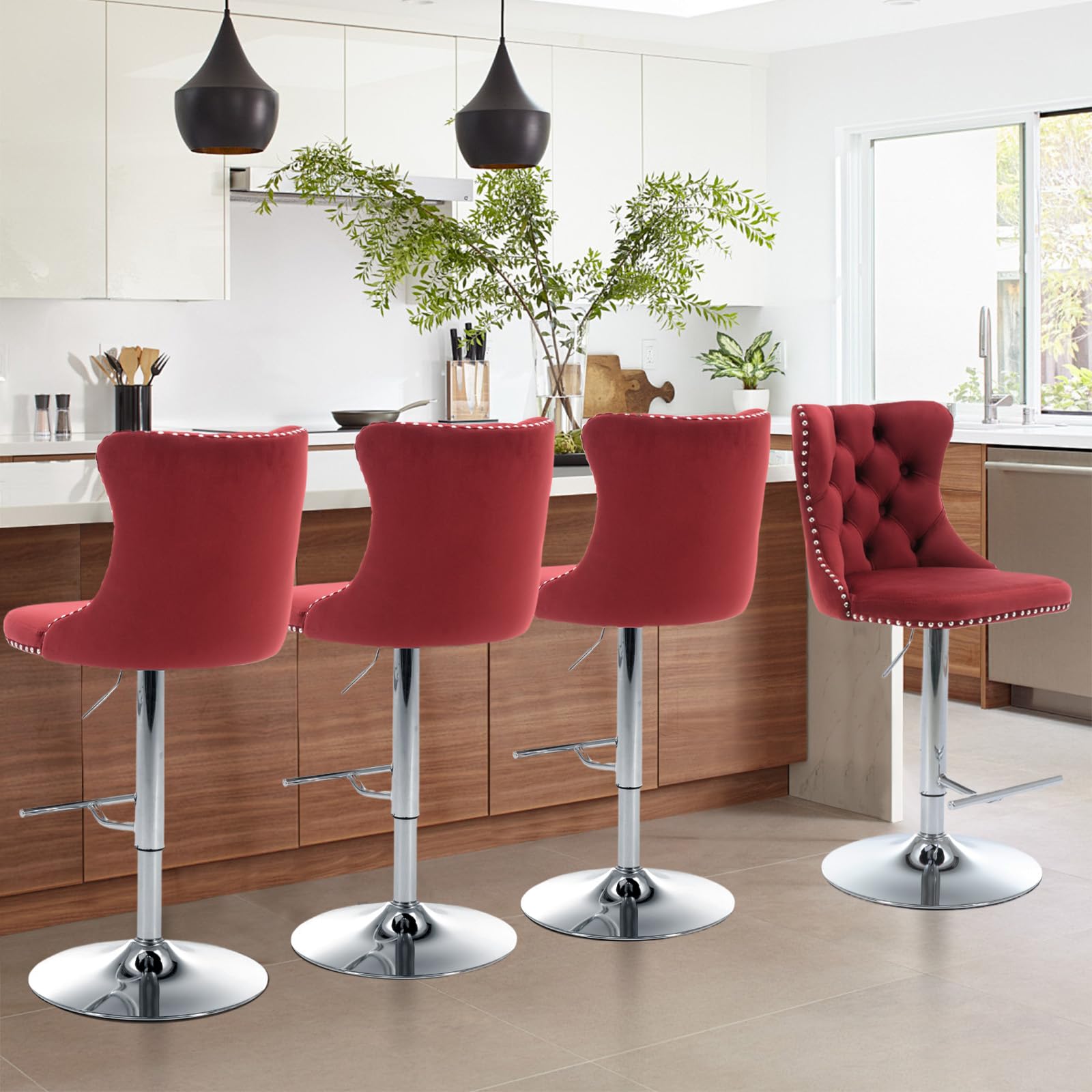 JETEAGO Wine Red Velvet Bar Stool Set of 4 with Button Tufting