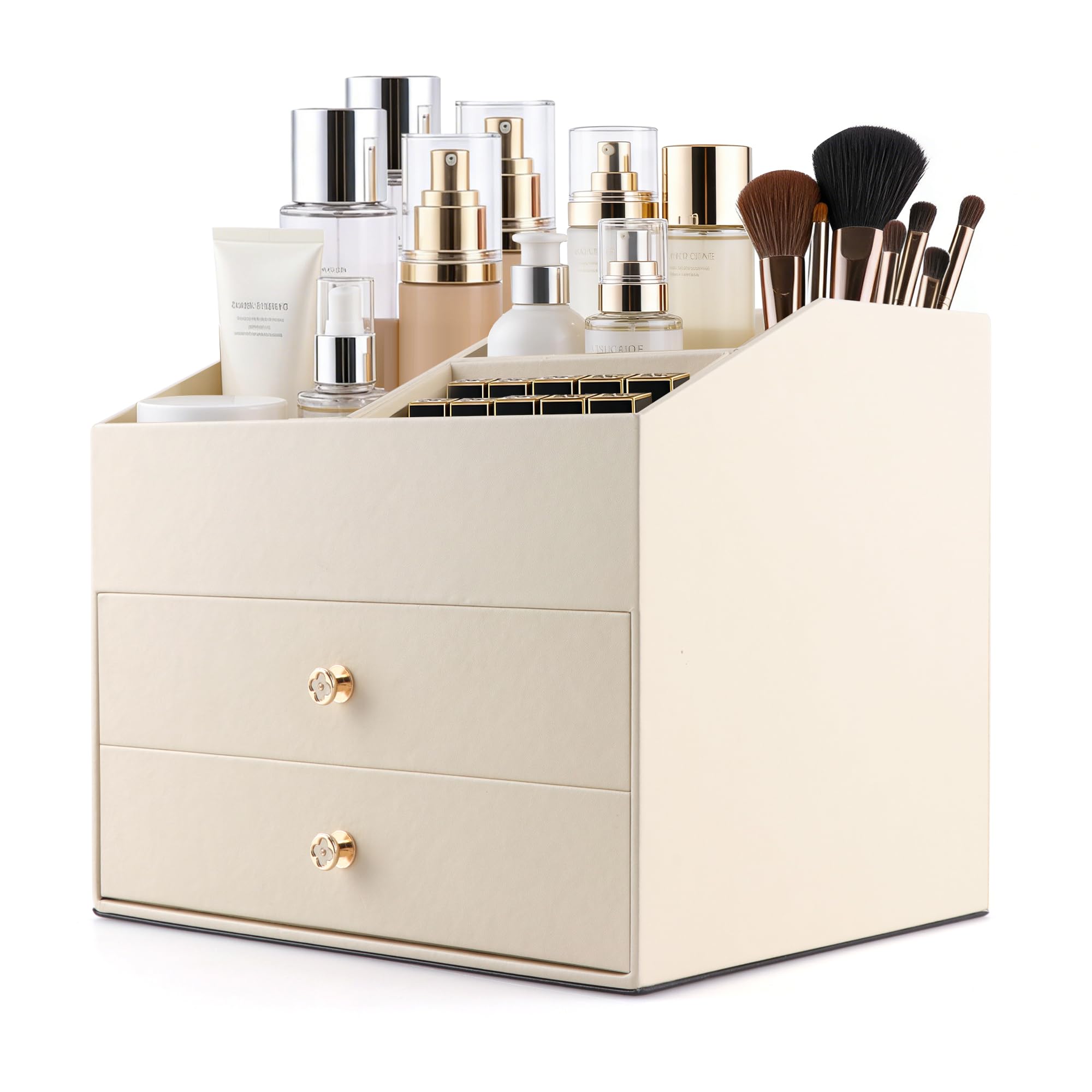 Homeanda Make-up-Organizer aus Kunstleder mit 2 Schubladen – Schreibtisch-Organizer für Kosmetik, Lippenstift, Hautpflege und Schmuck (Beige)
