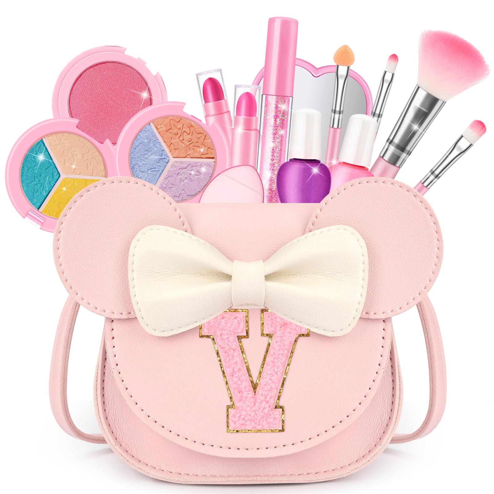 Kids Makeup Kit for Girls, 15 Pcs Real Washable Make Up Set &amp; Purse, Pink V