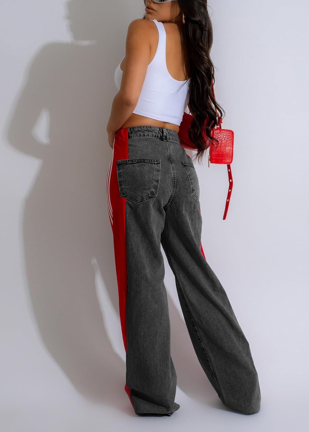 Nihsatin Women's Two Tone Jeans Wide Leg High Waisted Stretchy Buttoned Denim Pants - Image 3