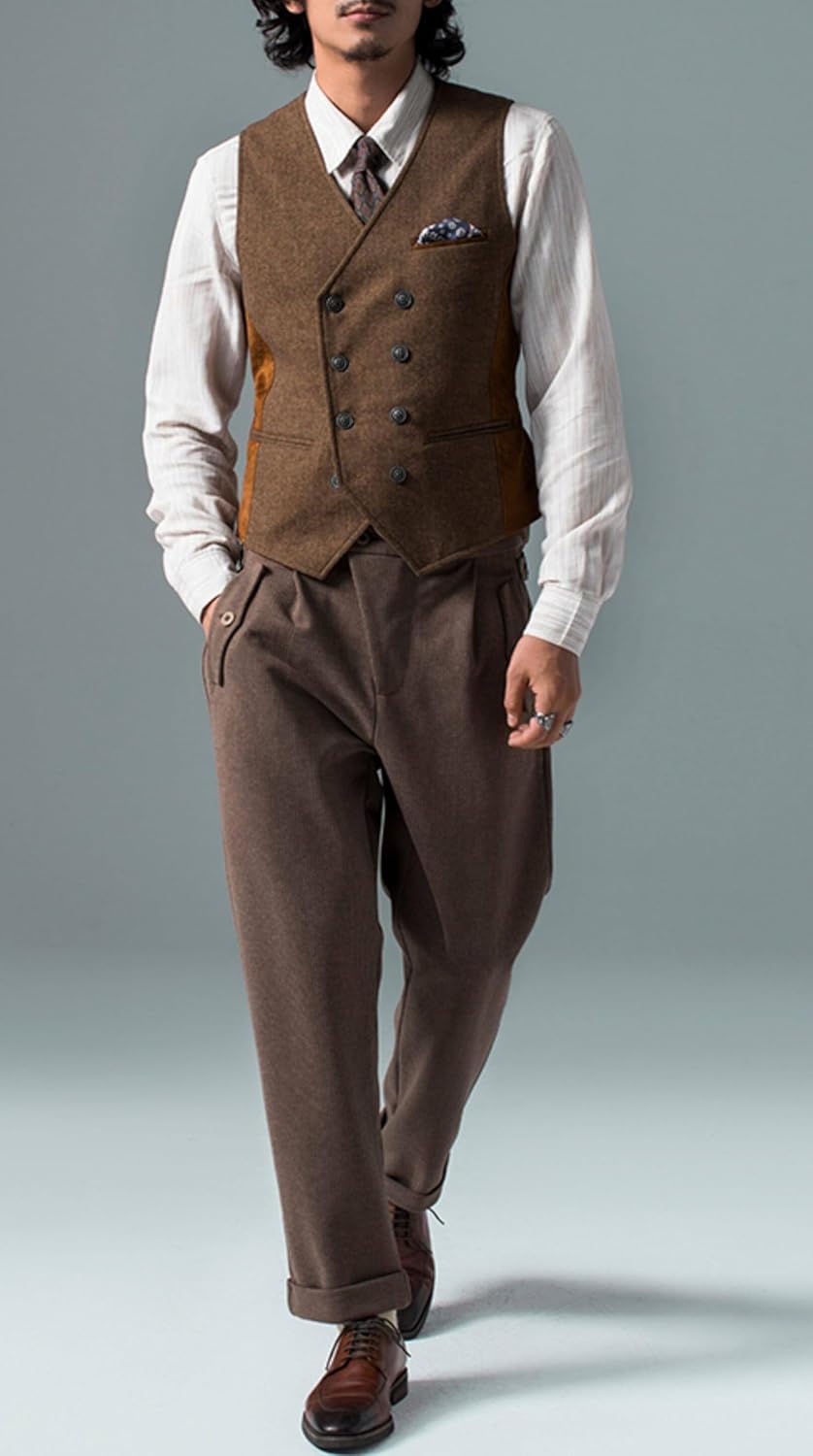 Men's Suit Vest Tweed Herringbone Patches Suede Waistcoat Western Sleeveless Jacket with Pockets Formal Casual