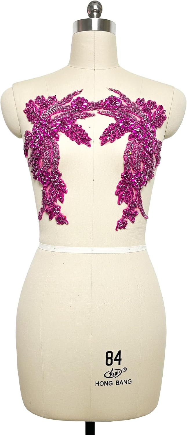 Dazzling 1 Pair Fuchsia Rhinestone Applique for Prom Dresses - Beaded Lace Patches Sparkly Diamond Embellishments for Ultimate Glamour (Fuchsia)