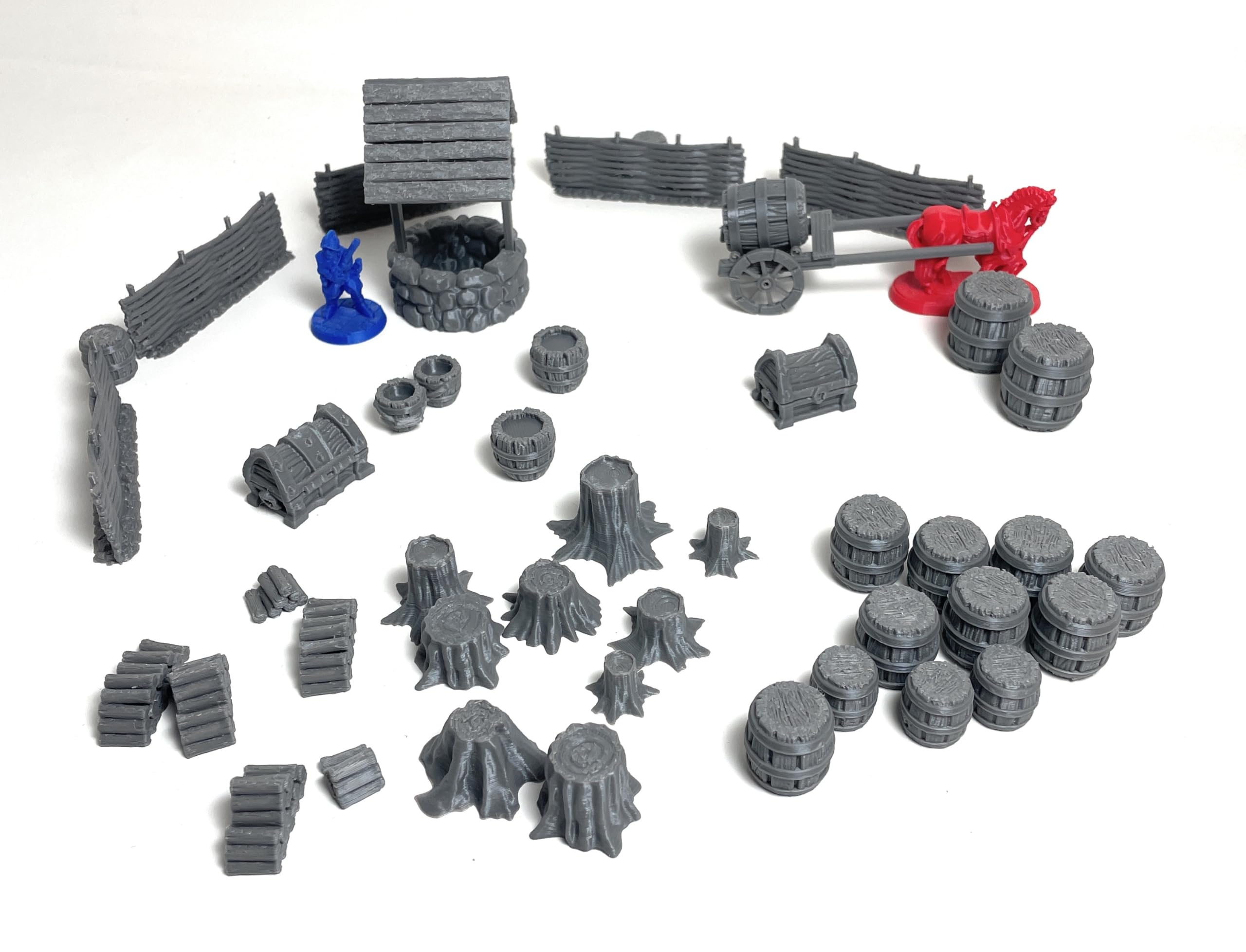 LM3D Medieval Fantasy Scenography, 44 Pieces with Well, Barrels, Wood and Cart, Scatter Terrain 28 mm for Wargames and DND