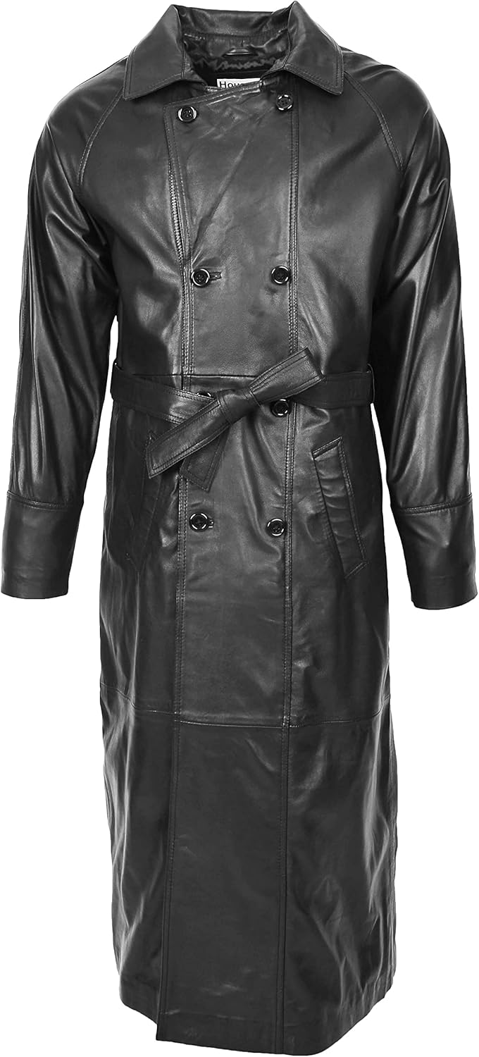 Mens Real Leather Full Length Coat Double Breasted Trench Pete Black (2XL)