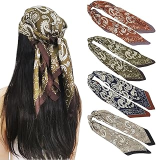 Sponsored Ad - Silk Head Scarf for Women Men - 4PCS Satin Square Hair Scarves - Vintage Bandanas Wraps Headbands 27.5 Inches