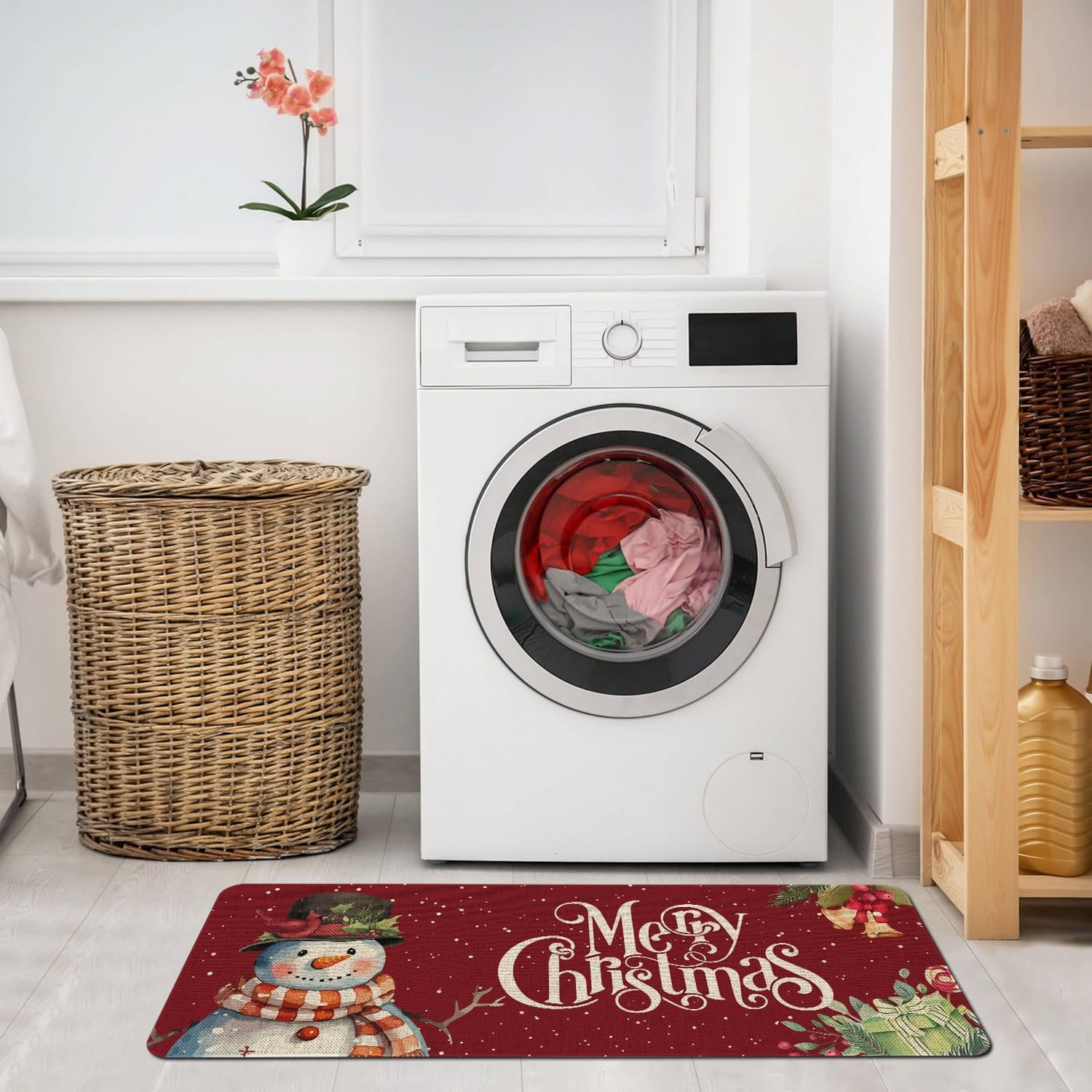 Mloabuc® Merry Christmas Kitchen Mats Set of 2, Anti Fatigue Waterproof Stain Resistant Floor Rug Red Snowman Winter Decorative Non Slip Cushioned Floor Mat - 17x29 and 17x47 Inch