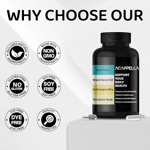 Miniatura 5 de ACAPPELLA Ashwagandha Suplementos Aceite de semilla negra de musgo marino, cúrcuma, raíz de bardana, orgánica y vitamina C, vitamina D3 con saúco,