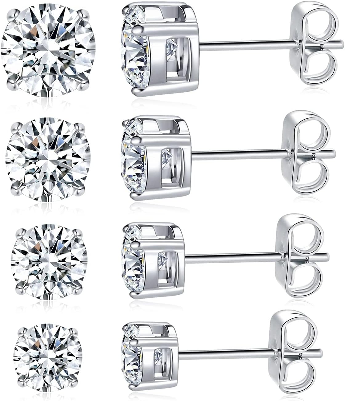 MDFUN Moissanite Stud Earrings, 316L Stainless Steel 4 Prong Round Synthetic Stud Earring Hypoallergenic Jewelry for Women Men 3-7mm