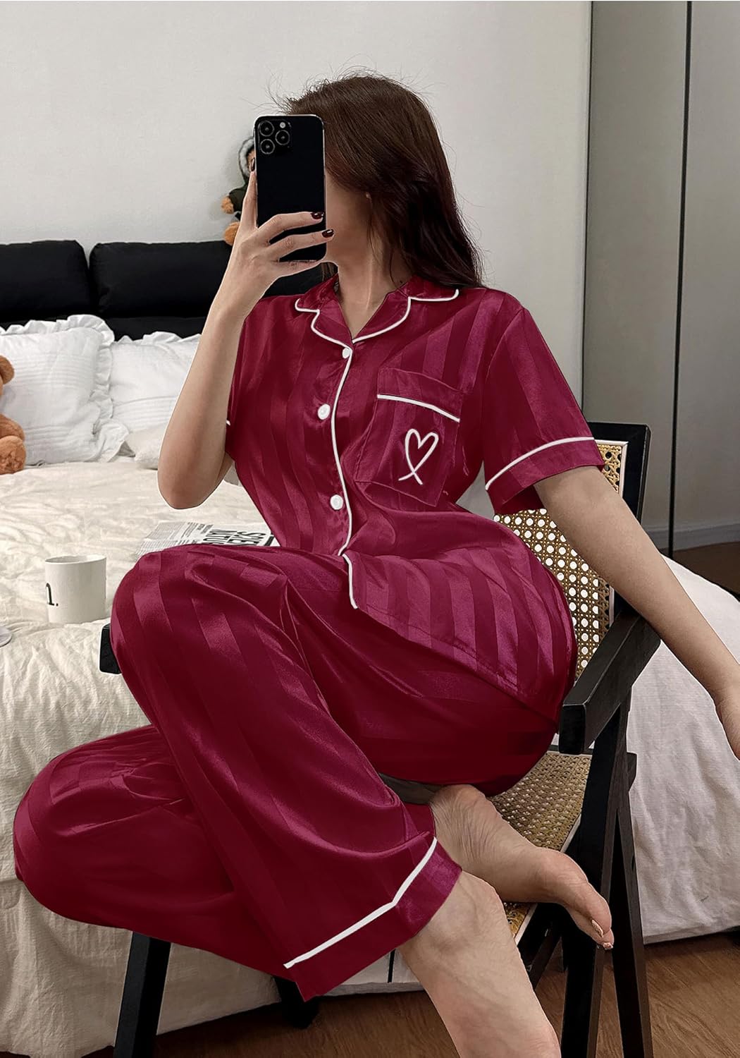 Womens Satin Pajamas Set Silk Pajamas for Women Set 2 Piece Striped Pjs Short Sleeves Button Down Loungewear - Image 3