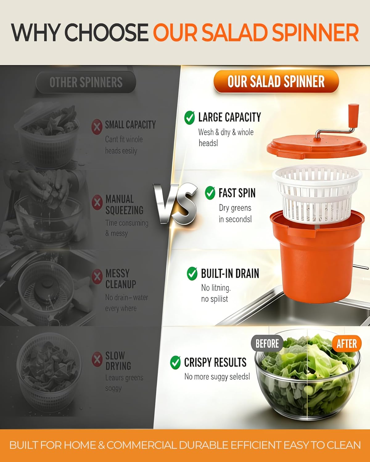 Commercial Salad Spinner - 6 Gallon Salad Dryer with Silicone Anti-slip Mat & Draining Hose, 24Qt Manual Spinner for up to 7 Heads of Lettuce, Large for Catering