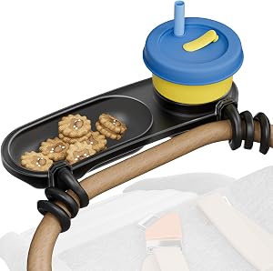 Universal Snack Tray for Stroller, Cup Holder Tray with Flexible Silicone Arm Gripper, Stays in Place Attachment for Toddler & Kids, Snacking On The Go, Stroller Travel Accessories, Universal Fit