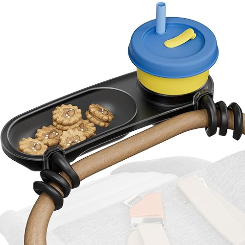 Bandeja universal de aperitivos para cochecito, bandeja portavasos, con agarre de brazo de silicona flexible, se mantiene en su lugar para niños