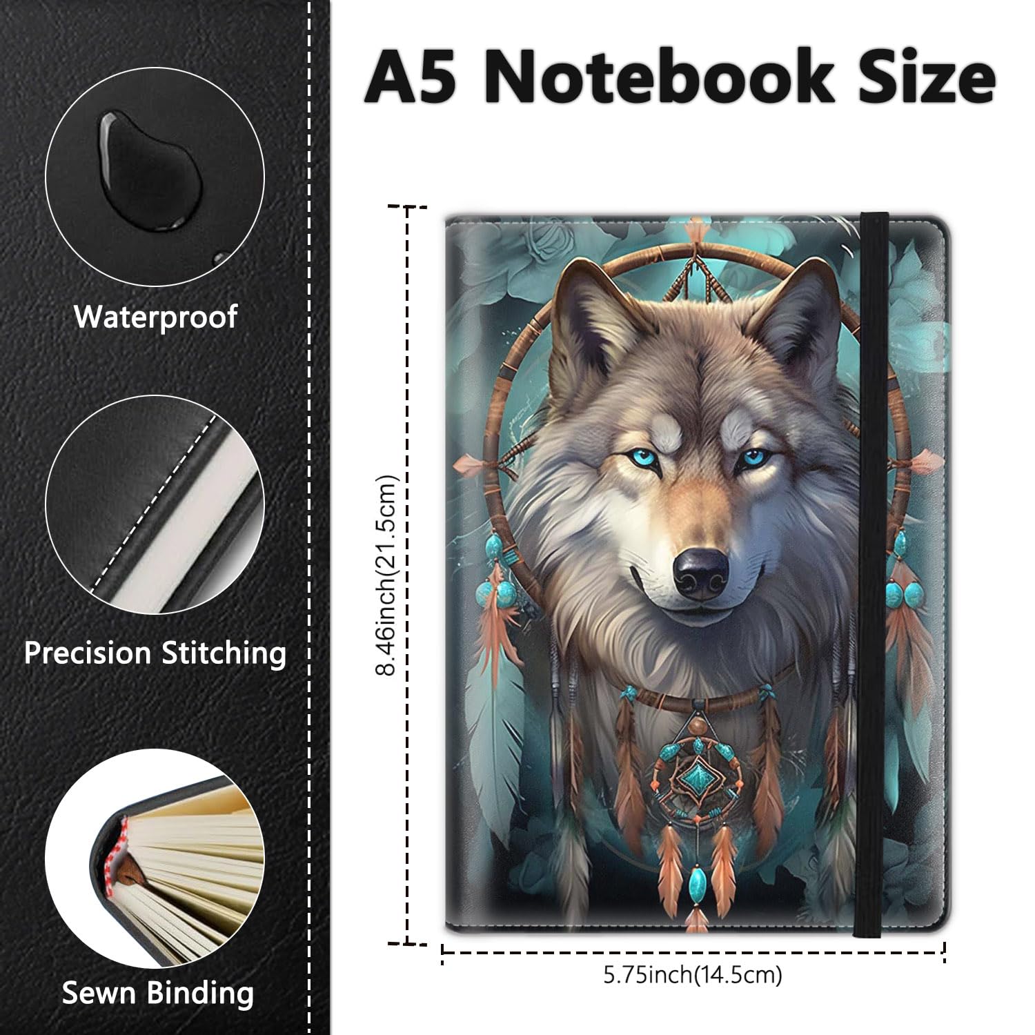 Journal Notizbuch, A5 liniert Notizbuch zum Schreiben 200 Seiten 100GSM Dickes Papier, Hardcover Leder Business Tagebuch Notizblock für Arbeit und Schule College Liniert Notizbuch, Traumfänger - Wolf