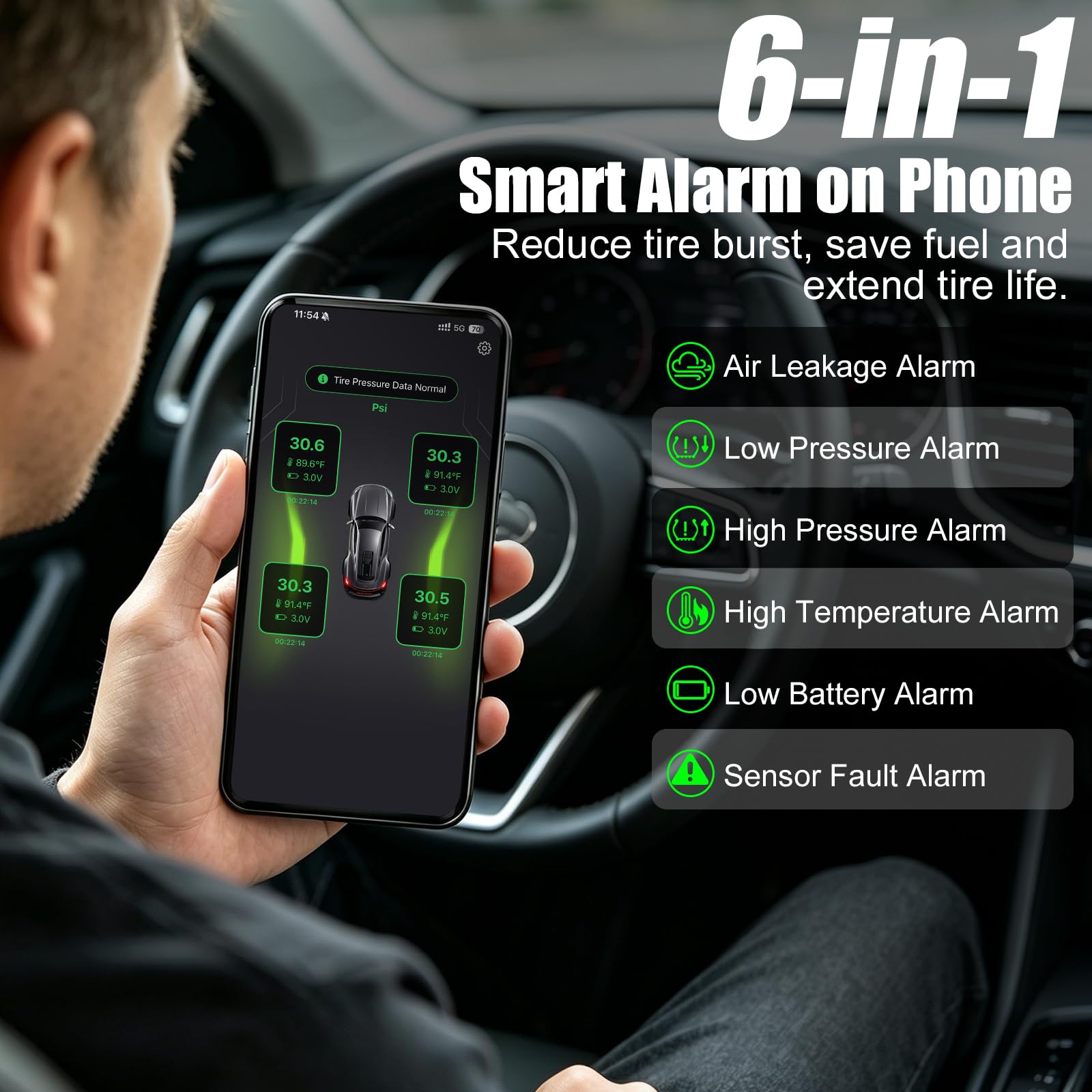 Reifendruckkontrollsystem TPMS 4pcs für Auto, Reifendrucksens mit App