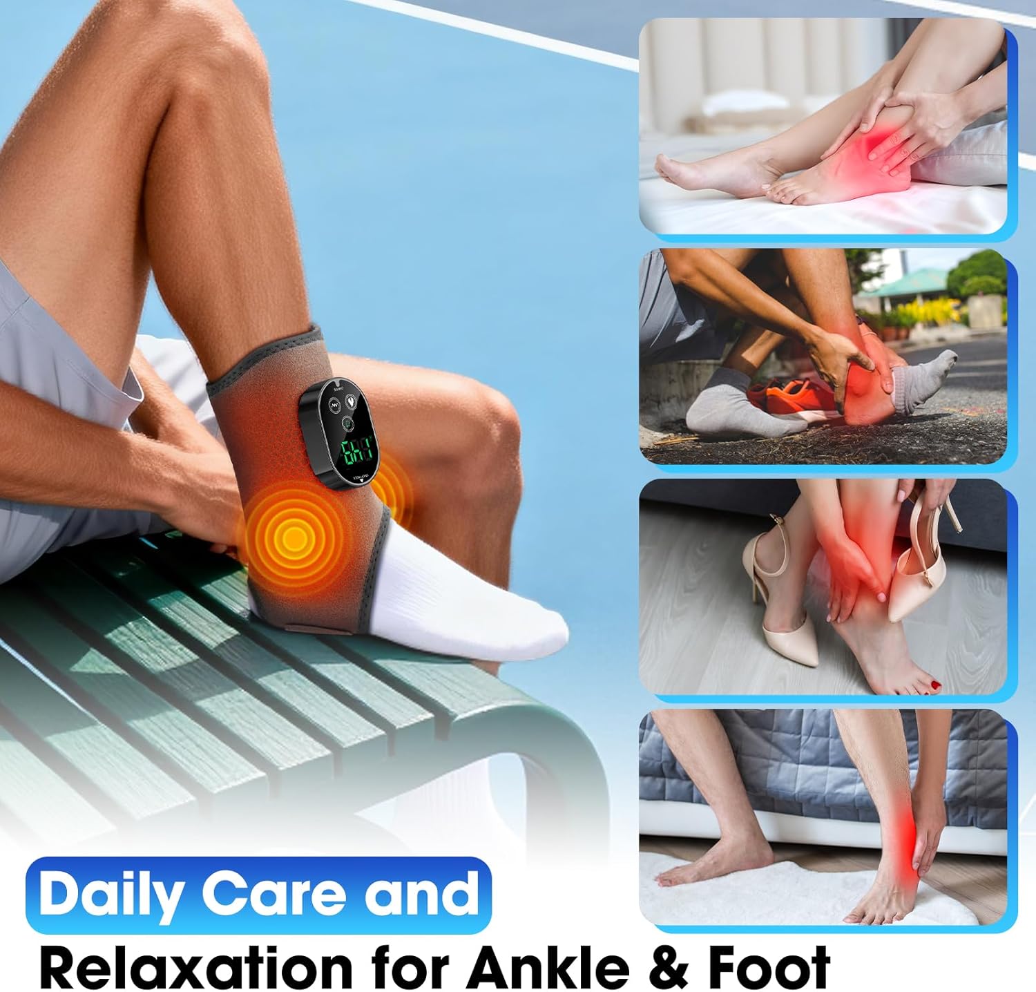 Cordless Ankle Heating Pad, Foot Massager with Heat for Pain Relief, Ankle Massager for Women and Men, Heated Foot Brace Wrap with 6 Heat Levels and 3 Vibration Modes Grey