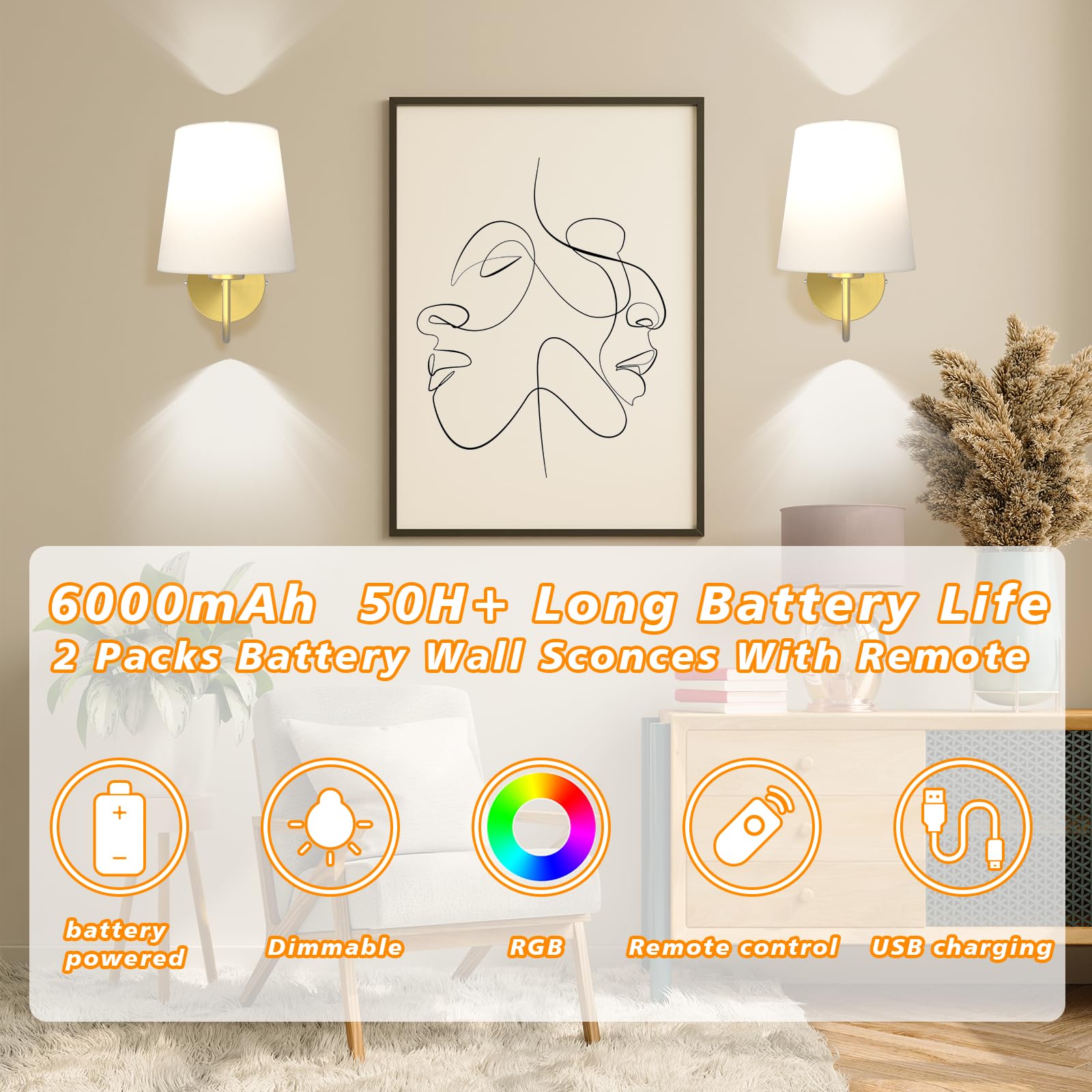 CS COSDDI Battery Operated Wall Sconce Set of 2, Gold Wireless Sconces with Remote, Rechargeable Dimmable LED Bulbs, 7 Color, Timer and Memory Function Wall Lights for Bedroom, Living Room, Hallway