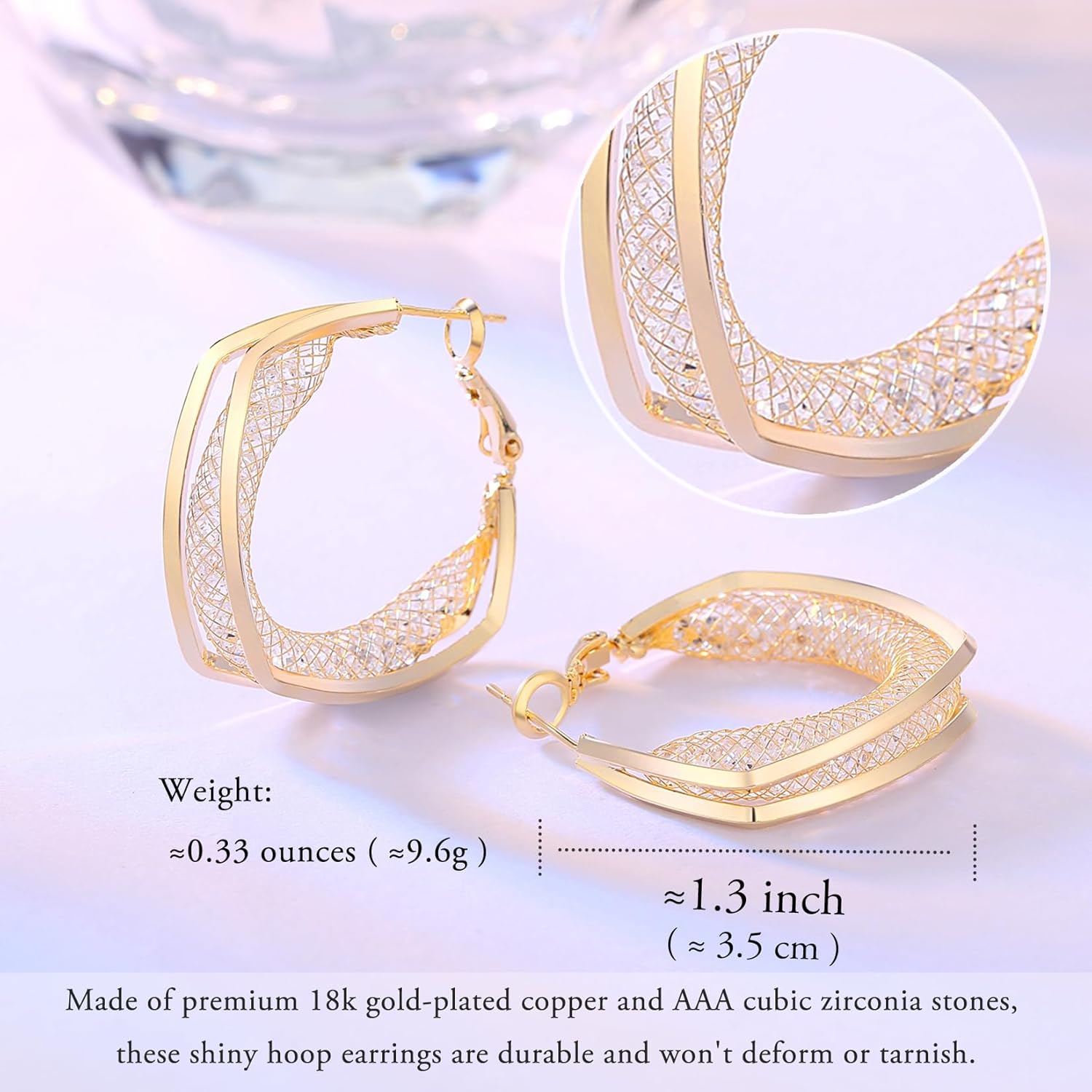 18K Gold Plated Filigree Earrings for Women, Chunky Gold Twisted Hoop Earrings, Disco Earrings for Women,Cubic Zirconia Hoop Dangle Elegant Earrings - Image 4