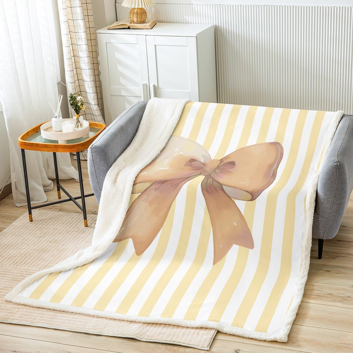 Cartoon Bow Fleece Blanket,Kawaii Princess Bowknot Fairy Tale Bed Blanket for Kids Teens,Geometric Pink Stripes Patchwork Romantic Flannel Blanket for Room Decor,Queen 90"x90"