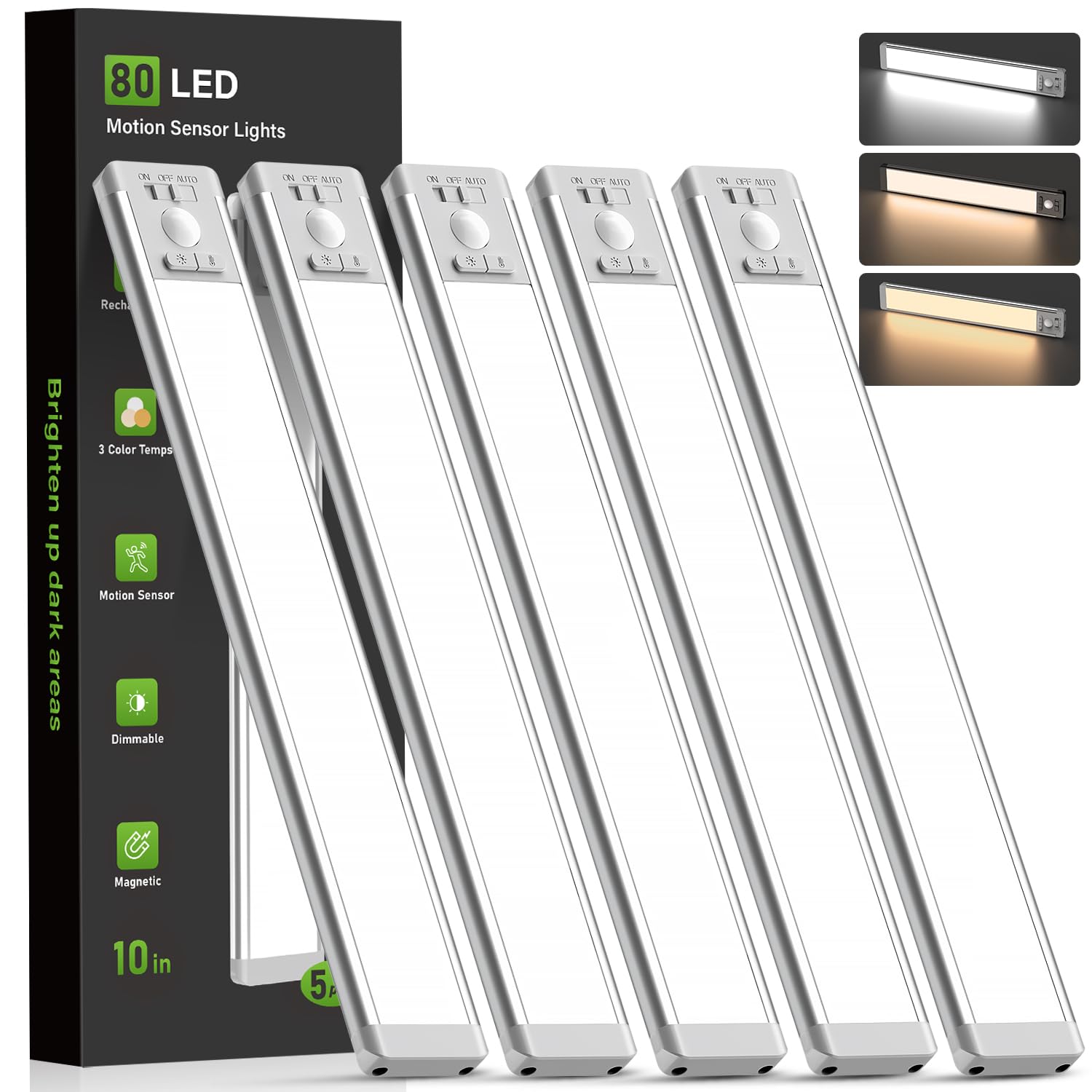 MCGOR 5 Pack 10inch Under Cabinet Lighting, Rechargeable Motion Sensor Light Indoor with 3 Color Temps, Dimmable Magnetic Led Closet Lights, Wireless Under Counter Lights for Kitchen, Stairs